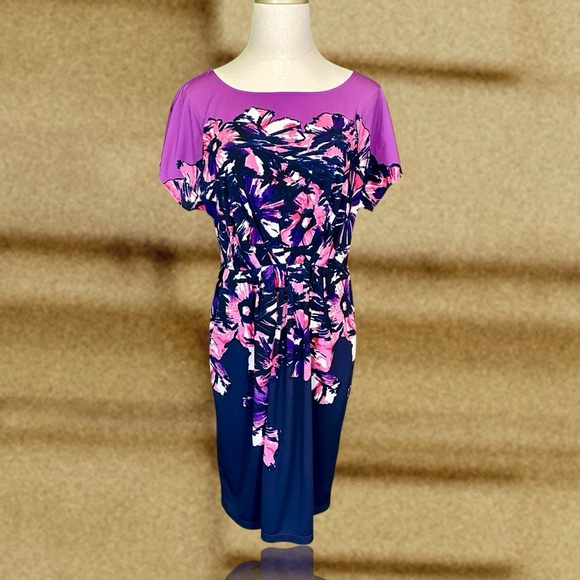 BCBGMaxAzria ‘Violet Com’ Pleated Jersey Knit Dress in Purple Floral Size Small - Picture 1 of 12